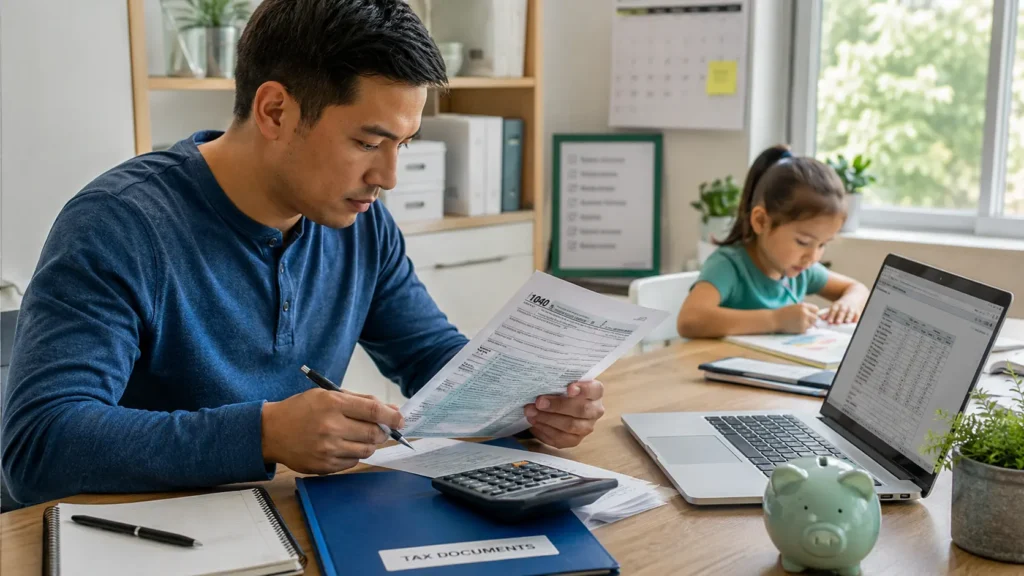 Parent reviewing tax documents at home while caring for a dependent child, illustrating how to file taxes with no income but have a dependent.