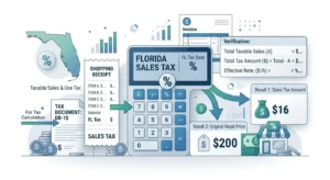 Illustration of Florida sales tax rates with a calculator, receipt, and Florida state map.