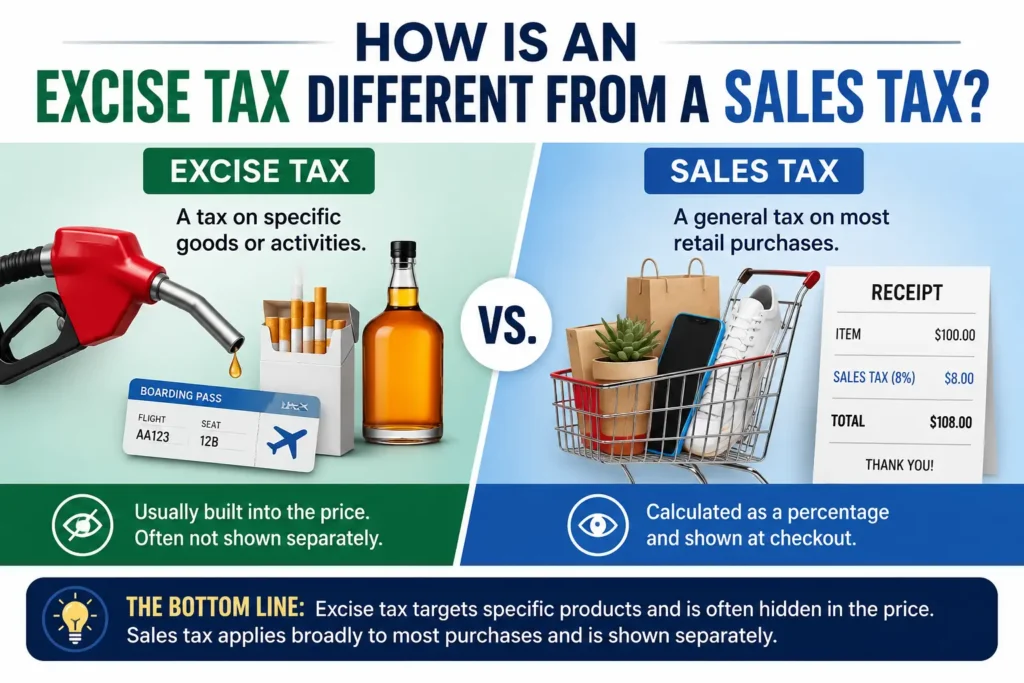 Infographic comparing excise tax and sales tax, showing how excise taxes apply to specific products like gasoline and alcohol while sales taxes are added to most retail purchases at checkout.