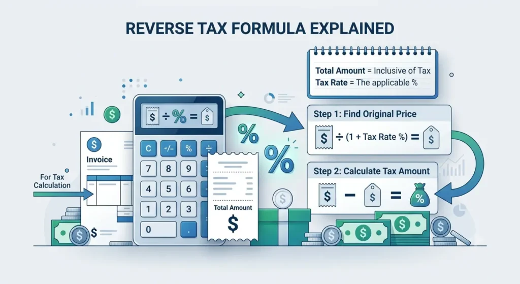 Reverse tax formula infographic showing how to calculate tax from a total amount.
